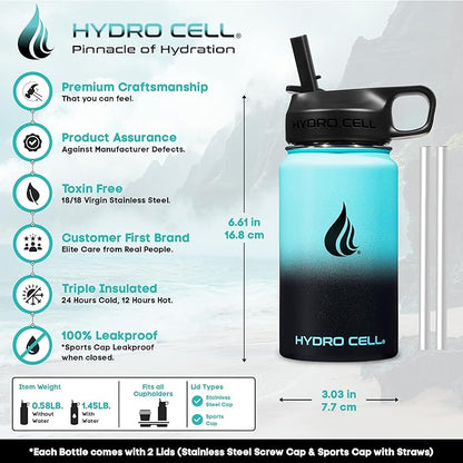 HYDRO CELL Stainless Steel Insulated Water Bottle with Straw - For Cold & Hot Drinks - Metal Vacuum Flask with Screw Cap and Modern Leakproof Sport Thermos for Adults (Teal/Black 14oz)