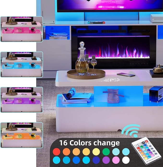 Spurgehom Contemporary Coffee Tables for Living Room, LED Coffee Table with Rounded Corner in 16 Colors, High Gloss 2 Tiers Table with Hidden Power Supply