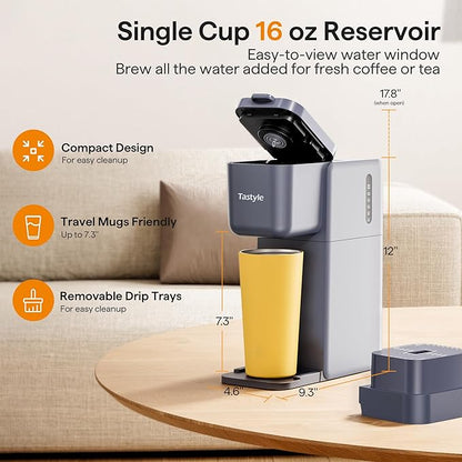 Single Serve Coffee Maker for K Cup, Ground and Tea, Hot and Iced Coffee Machines with Bold Setting, 6 to 16 Oz Brew Sizes, Compact for Small Spaces, Gray (2.0 Version)