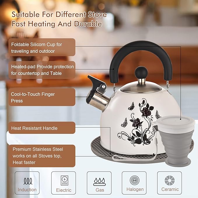 ARC Stainless Steel Whistling Tea Kettle, Magic Color Changing Design 2-Quart Stovetop Kettle Whistle White Teapot with Folding Cup & Trivet Mat