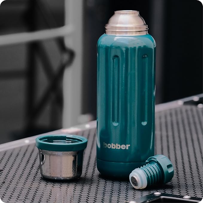 BOBBER 34 oz Stainless Steel Travel Thermos for Hot and Cold Drinks – Dishwasher Safe Metal Water Bottle with Cup Lid – Keeps Hot for 48 Hours – BPA-Free, Vacuum Insulated (Deep Teal)