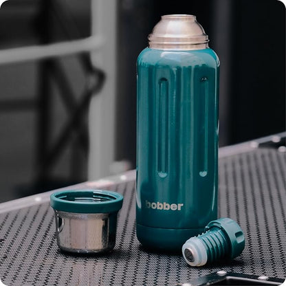 BOBBER 34 oz Stainless Steel Travel Thermos for Hot and Cold Drinks – Dishwasher Safe Metal Water Bottle with Cup Lid – Keeps Hot for 48 Hours – BPA-Free, Vacuum Insulated (Deep Teal)