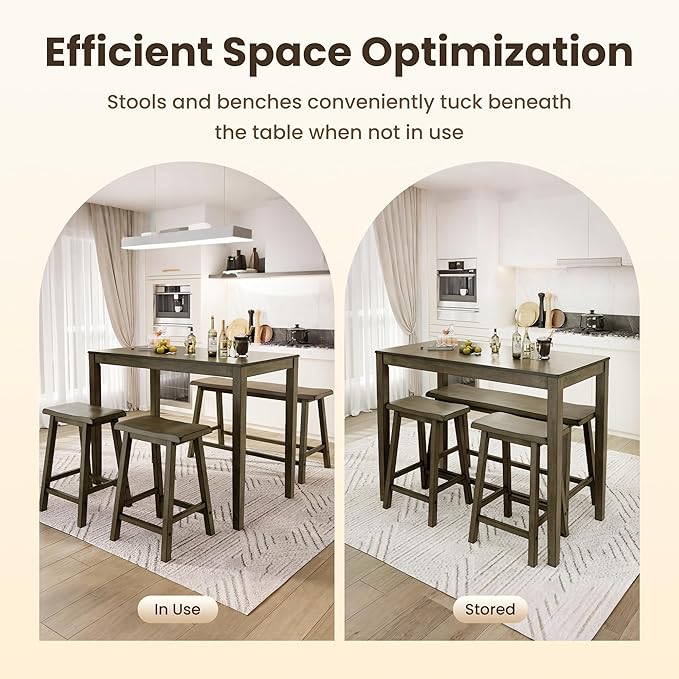 PHI VILLA Dining Table Set for 4, Counter Height Dining Table with 2 Chairs and 1 Bench, Solid Wood Table Sets for Farmhouse, Rustic Kitchen and Dining Room Table Set with Chairs, Smoky Brown