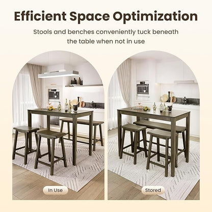 PHI VILLA Dining Table Set for 4, Counter Height Dining Table with 2 Chairs and 1 Bench, Solid Wood Table Sets for Farmhouse, Rustic Kitchen and Dining Room Table Set with Chairs, Smoky Brown