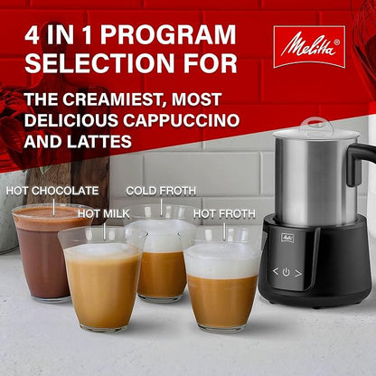 Melitta Montalatte Milk Frother | Hot & Cold Nano Foam Frother | Vegan Milk Warmer | Velvet Hot Chocolate Maker | Auto Switch | Stainless Steel Steamer with Unique Chocolate Blending Disk