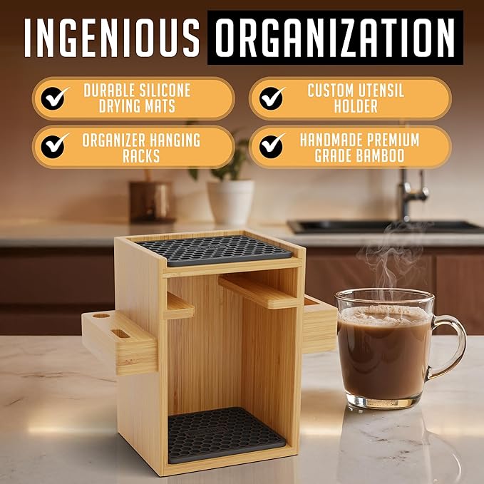 HEXNUB – Compact AeroPress Organizer Stand, Bamboo Coffee Caddy for AeroPress Coffee Maker, Accessories, Filters, Cups, Includes Mats - Black