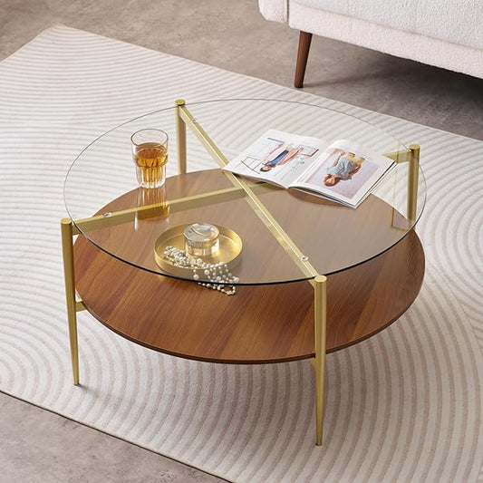 Extra Large Round Coffee Table, Mid-Century Modern Design, D34 x H17 in, for Living Room, 2-Tier Structure, Clear Glass Top and Walnut MDF Shelf, Sleek Conical Metal Legs with Gold Finish