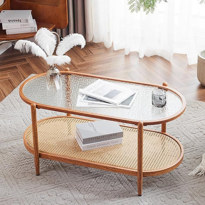 VINGLI 38" Rattan Oval Coffee Table, Water-Wave Glass Metal Center Table, Modern Coffee Table with 2-Tier Storage, Farmhouse Coffee Table for Living Room and Small Space, Natural Vibe