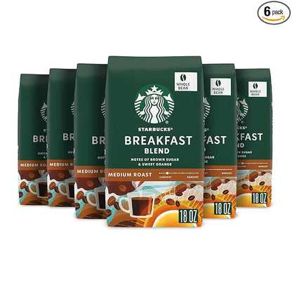 Starbucks Whole Bean Coffee, Medium Roast Coffee, Breakfast Blend, 100% Arabica, 6 bags (18 oz)