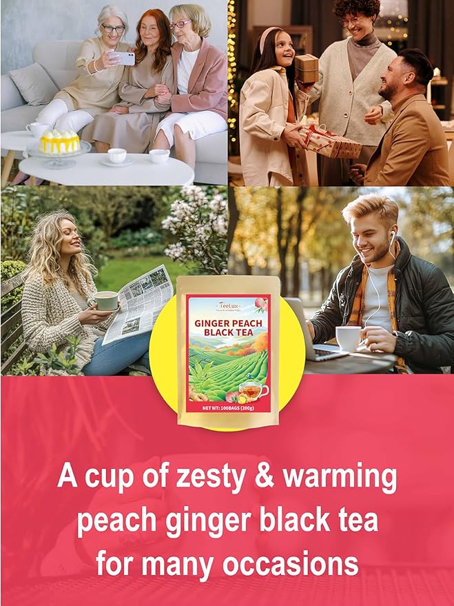 TeeLux Peach Ginger Black Tea, Mellow Black Tea with Spicy Ginger & Peach Flavor, Caffeinated, 100 Count