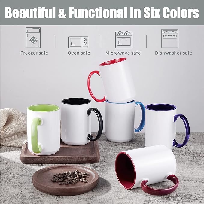 TANGLONG Sublimation Mugs 15 oz Sublimation Cups Bulk Coffee Mugs Tazas Para Sublimar 6 Assorted Colors Set of 12