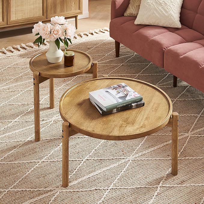 mopio Dylan Coffee Table, Small Round Coffee Table Set, 2 Piece Solid Wood, Boho, Farmhouse, Rustic, Modern, Circle, Living Room Table, Nesting Tables, with Sturdy Durable 3-Leg (Round Nesting Tables)