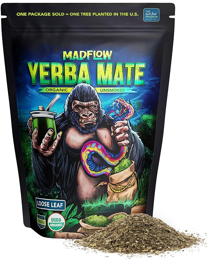 MADFLOW Unsmoked Organic Yerba Mate Loose Leaf 1.1 Lb. Mate Tea For Natural Energy, Focus and Flow. Resealable Packaging. For Brewing With Yerba Mate Cup or French Press.