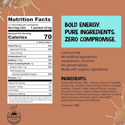 Projo* Power Coffee – Instant Coffee with 11g Protein – Grass-Fed Hydrolyzed Bovine Collagen & 175mg Caffeine – Cinnamon Latte Flavor – Organic – Energy Support – 12 Single-Serve Packets