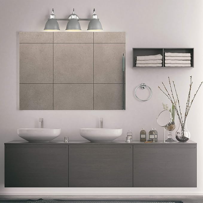 GLOBE Electric Sydney 5-Piece Bathroom Set, Matte Gray and Chrome, 3-Light Vanity Light, Towel Bar, Towel Ring, Robe Hook, Toilet Paper Holder