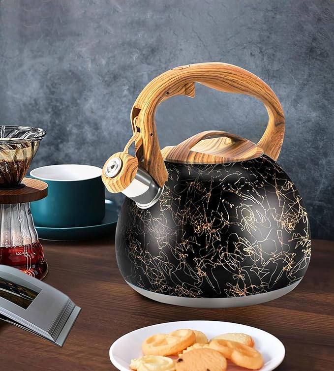 3.2Qt Whistling Tea Kettle for Stove Top, Food Grade Stainless Steel Wood Handle Teapot, Durable for Brewing Coffee, Tea, Milk, Suitable for All Heat Sources (Golden line)