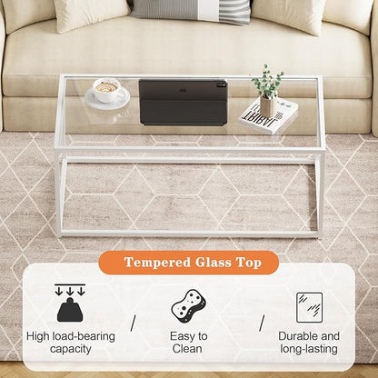 Coffee Table for Living Room, Glass Coffee Tables, Modern 39.4" Center Table for Small Space, Apartment, Office Living Room Home, Rectangular Coffee Table with Clear Glass Top & Metal Frame, White
