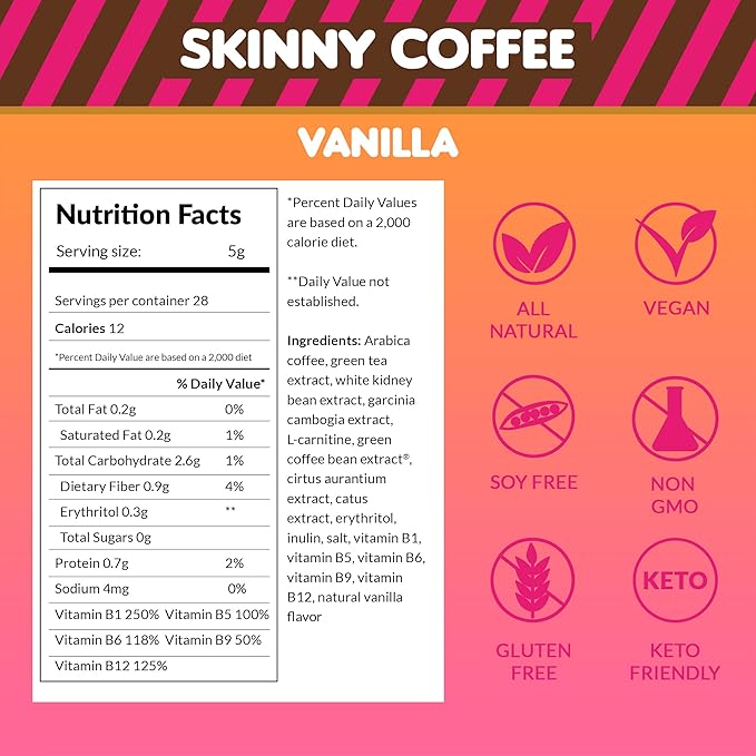 Skinny Boost Instant Skinny Coffee Sticks (Vanilla) - Made with Arabica Coffee Beans, Garcinia Cambogia, Green Tea Extract, B Vitamins, Fiber and Prebiotics –Sugar Free-Keto Friendly (28 Packets)