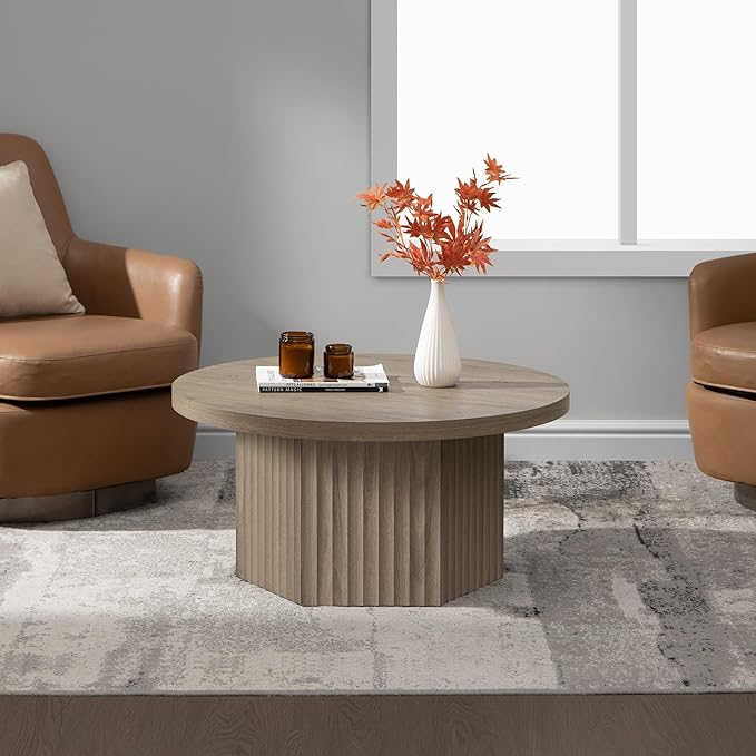 SICOTAS Round Coffee Table for Living Room, Modern Fluted Circle Center Coffee Table with Storage, 32" Accent Tea Dining Table for Apartment, Grey Alder