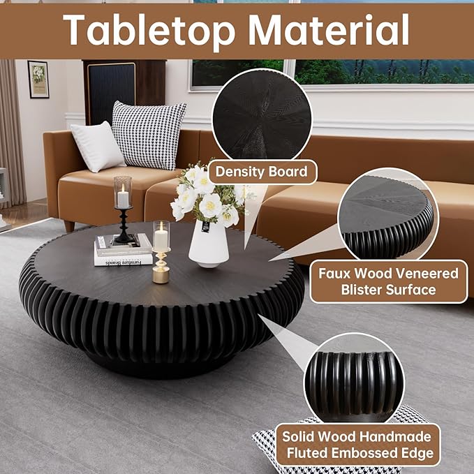 Round Coffee Table 39.3" Modern Black Fluted Coffee Table Low Round Drum Pedestal Coffee Tables for Living Room Farmhouse (Black 39.3 inch)