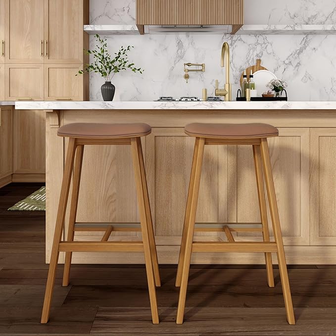 Plank+Beam Beryl Bar Height Stool - Mid-Century Modern Rubberwood Bar Stool with Faux Leather Seat, Metal Footrest, Easy Assembly, Pecan/Toffee