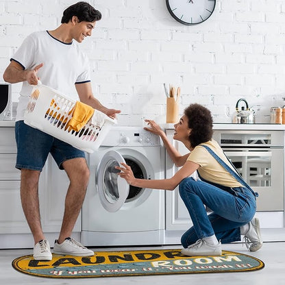 Ottomanson 20" x 59" Oval Laundry Room Rug - Non-Slip Mat for Laundry & Mudroom - Durable, Stain-Resistant, and Easy to Clean - Perfect for High-Traffic Areas - Runner Rug for Entryway, Yellow/Gray