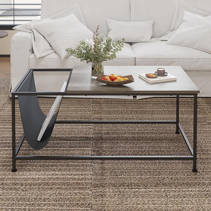 SENIG Grey Oak Rectangle Wood and Metal Coffee Table with Storage Shelf for Small Living Rooms with Pocket