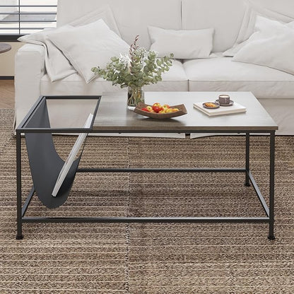 SENIG Grey Oak Rectangle Wood and Metal Coffee Table with Storage Shelf for Small Living Rooms with Pocket