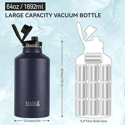 HASLE OUTFITTERS Half Gallon Insulated Water Bottles 64 oz, Stainless Steel Metal Water Jug with 2 Lids Keep Cold 48h/Hot 24h, Leak Proof & BPA-Free Water Flask Jug(Navy,1)