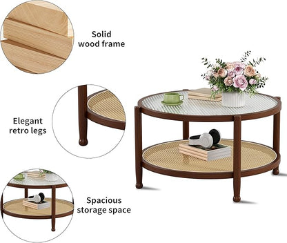 Rattan Round Coffee Table for Living Room, 32" Boho Circle Table with Tempered Glass Desktop Rustic Solid Wood Farmhouse Accent Center Storage Table (Walnut, 31.5" D x 31.5" W x 17" H)