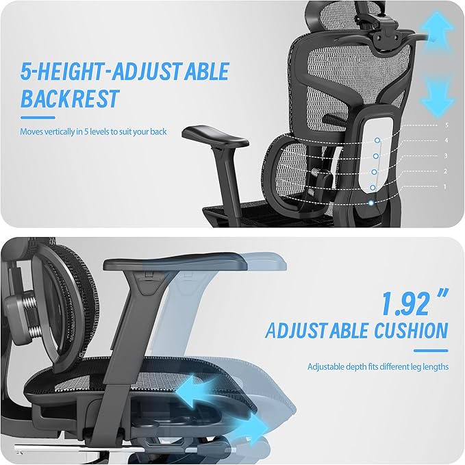 High-Back Ergonomic Mesh Office Chair, Modern Executive Desk Chair with 4D Armrests Computer Task Chair (Black Mesh Dual Lumbar Support)