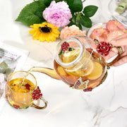 46oz/1300ml Large Enamel Teapot With Infuser,Floral Glass Teapot With Red Rose Flower Butterfly,Removable Infuser For Blooming Tea,Loose Leaf Tea,Fruit Tea,Tea Bag