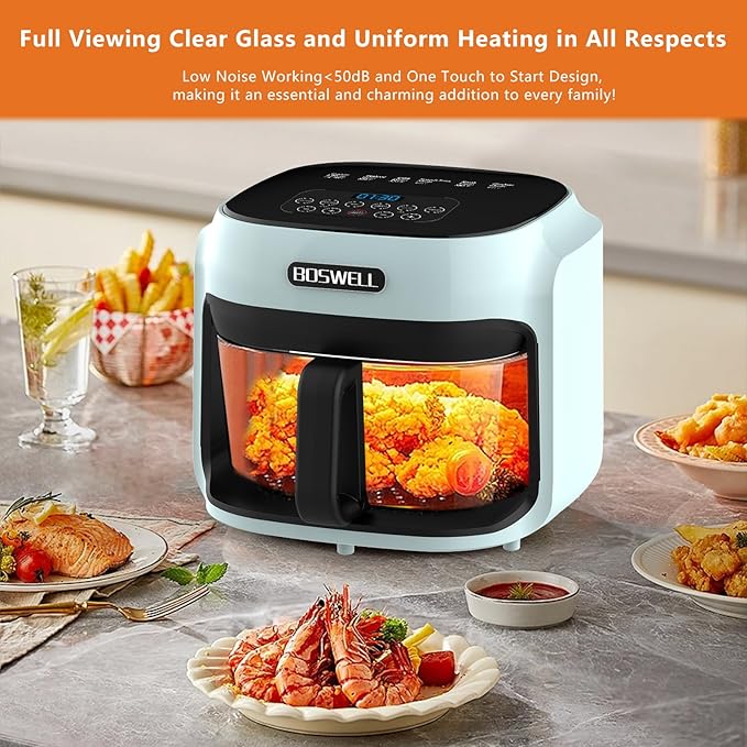 BOSWELL Glass Air Fryer, 7.5 QT with Transparent Fry Bowl, Circulating Heating, Temperature Control, Stainless Steel Air Fryer Roast, Dishwasher Safe (Green)