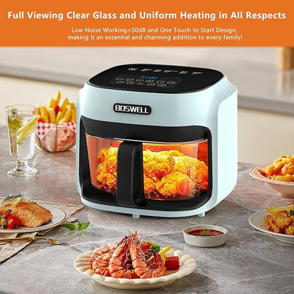 BOSWELL Glass Air Fryer, 7.5 QT with Transparent Fry Bowl, Circulating Heating, Temperature Control, Stainless Steel Air Fryer Roast, Dishwasher Safe (Green)