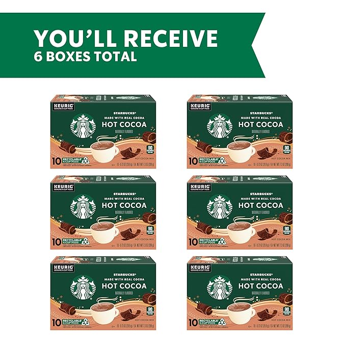 Starbucks Coffee K-Cup Pods, Naturally Flavored Hot Cocoa For Keurig Coffee Makers, 6 Boxes (60 Pods Total)