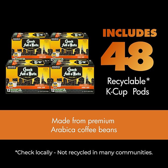 Chock full o’Nuts Donut Shop Keurig K-Cup Pods for Keurig Brewers – Premium Arabica, Medium Roast – Single Serve – 4 Packs of 24 K-Cup Pods