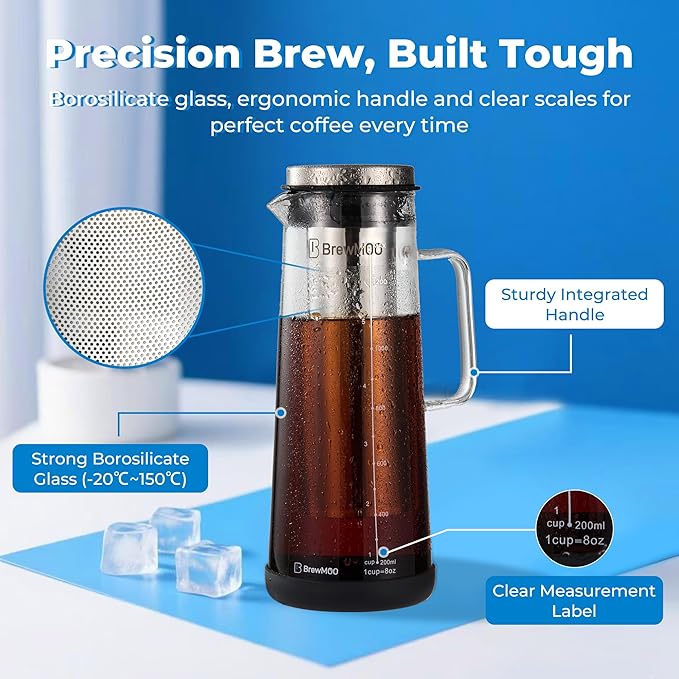 BrewMOO- Airtight Cold Brew Coffee Maker Pitcher, 1.4L/48Oz Thick Glass Carafe with Filter, Comfort Sturdy Handle & Wide Spout, Non-Slip Base | Iced Tea Maker (Black)