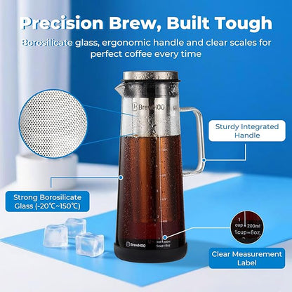 BrewMOO- Airtight Cold Brew Coffee Maker Pitcher, 1.4L/48Oz Thick Glass Carafe with Filter, Comfort Sturdy Handle & Wide Spout, Non-Slip Base | Iced Tea Maker (Black)