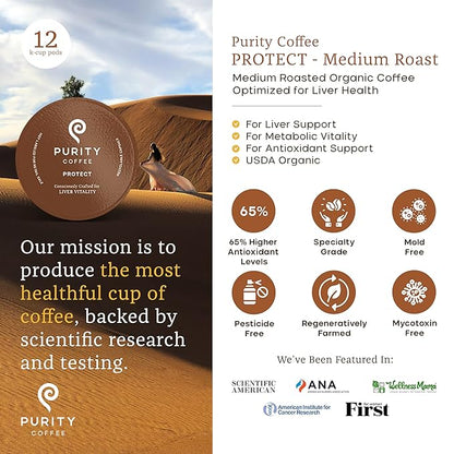 Purity Coffee PROTECT Highest Antioxidant Light-Medium Roast - USDA Certified Organic Specialty Grade Arabica Single-Serve Coffee Pods - Third Party Tested for Mold, Mycotoxins, Pesticides - 12 ct Box