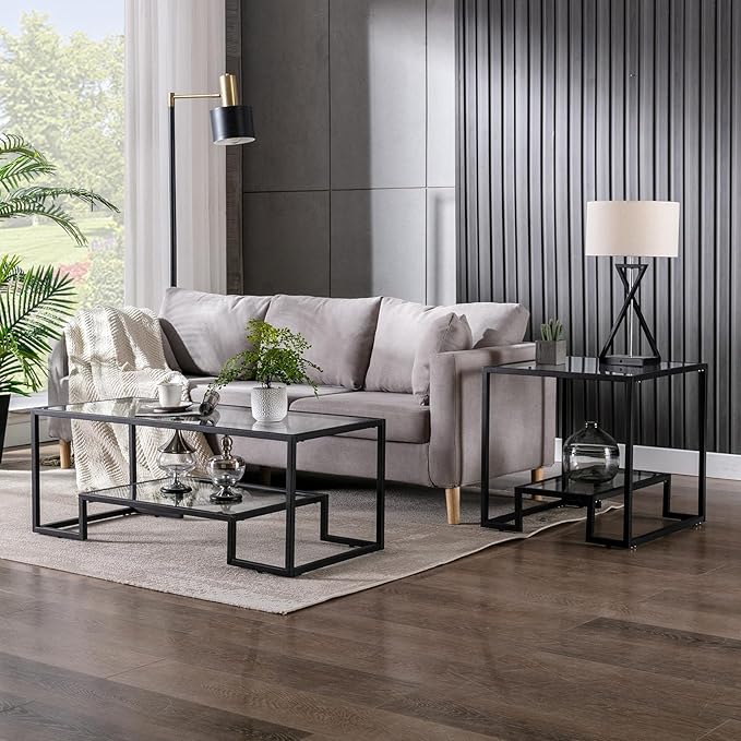 Simple Modern Glass 3-Piece Table Set, Includes Coffee Table and 2 End Tables, Black