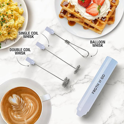 Zulay Froth N Go Milk Frother Rechargeable - 3-in-1 Frother Wand With Case & USB-C Charger - Comes With 3 Whisk Attachments for Latte, Cappuccino, Matcha, Protein Shakes - Cloud