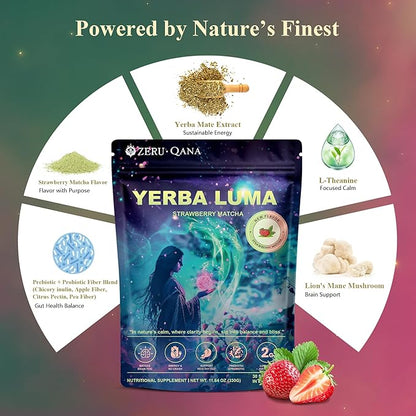 Yerba Mate Instant Tea Powder, 3-in-1 Super Bloom Energy Drink, Low Sugar, Supports Mental Clarity, Containing Prebiotics and Probiotics | Strawberry Matcha Flavor 30 Servings