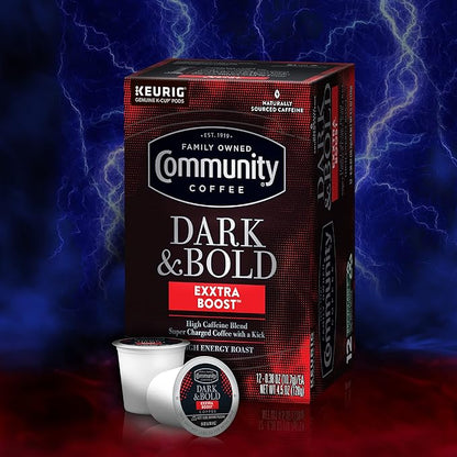Community Coffee Dark & Bold Exxtra Boost 12 Count Coffee Pods, Compatible with Keurig 2.0 K-Cup Brewers, 12 Count (Pack of 1)