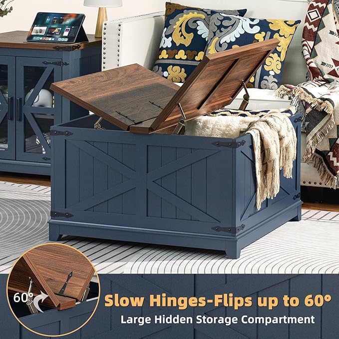 Farmhouse Coffee Table with Hidden Storage Organizer, Modern Square Large Center Table, Wood Farm House Low Navy Blue Living Room Tables with Hinged Lift Top for Home, Office