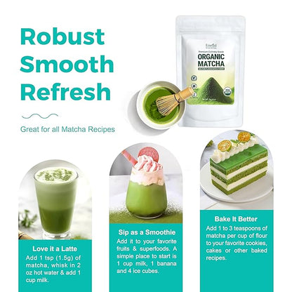 Emerail Organic Matcha Powder, USDA-Certified Pure Matcha Green Tea Powder, Premium Culinary Grade, Perfect for Lattes Smoothies and Baking, Sugar Free (70g / 2.5oz Pouch)