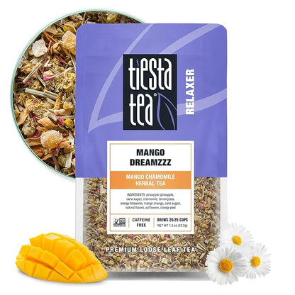 Tiesta Tea - Mango Dreamzzz Chamomile Loose Leaf Herbal Tea, Relaxing Chamomile & Lemongrass Blend, Caffeine-Free, Brew Hot or Iced, Makes Up to 25 Cups, Resealable Pouch, 1.5 Ounce