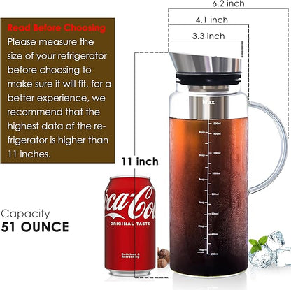 Aquach Cold Brew Coffee Iced Tea Maker & Fruit Pitcher - Large Capacity 51 Ounces - with Durable Glass Carafe/Fine Mesh Steel Infuser/Airtight Lid