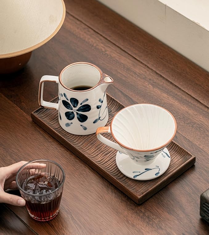 Pour Over Coffee Maker,Ceramic Coffee Maker With 40 pcs V60 Paper Filter，15oz/450ml Pour Over Coffee Dripper (Blue and white, V02)