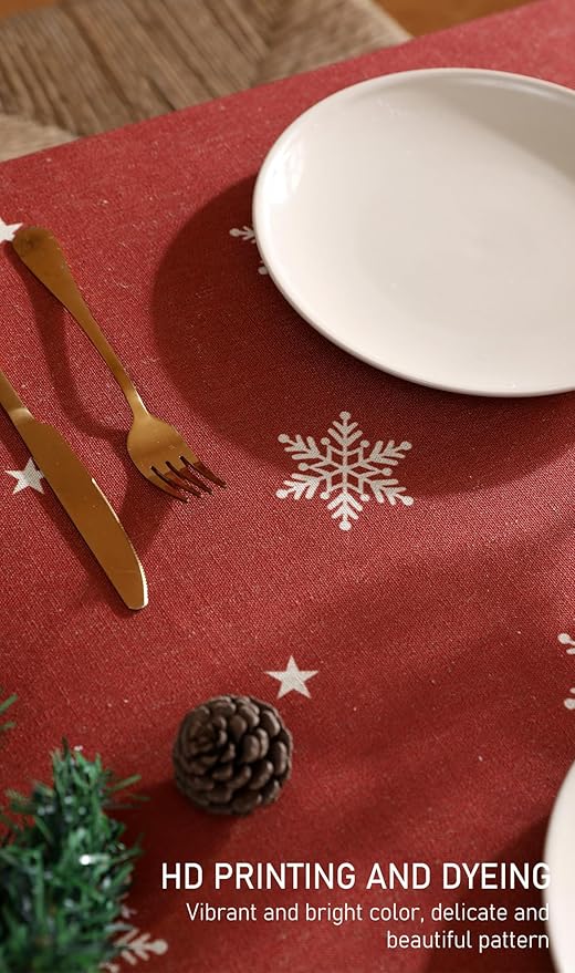 Designer Christmas Red Long Rectangular Tablecloth,Linen Table Cloth with Snowflakes Pattern,Wrinkle Resistant Decor Tablecloths for Dining Kitchen Thanksgiving Christmas,63"*102"-Carol C