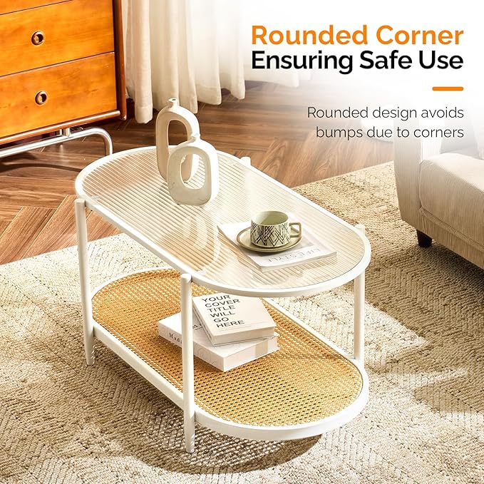 VINGLI 38" Rattan Oval Coffee Table, Glass Metal Center Table, Modern Coffee Tables with 2-Tier Storage, Farmhouse Coffe Table for Living Room and Small Space, White